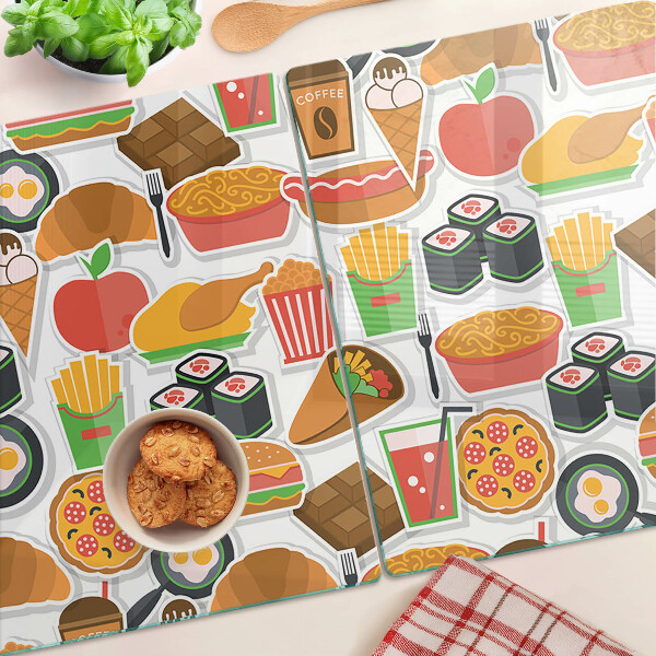 Schneidebrett Glass mit Motiv rund um Essen und Snacks