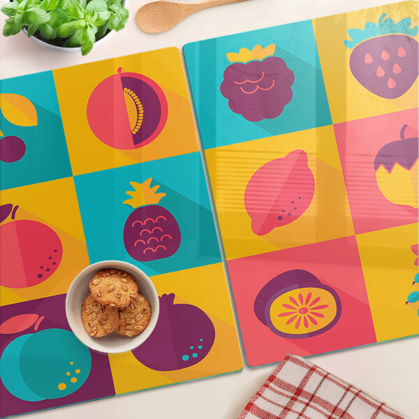 Schneidebrett Fruchtmotiv in bunten Quadraten