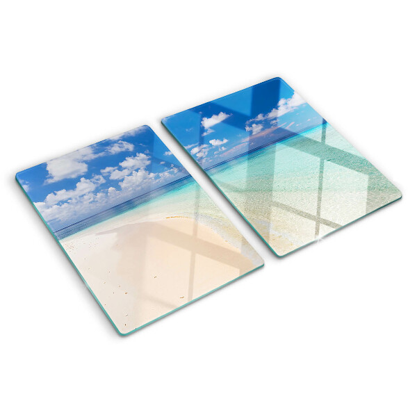 Glas Schneidebrett mit Strandmotiv und blauem Himmel