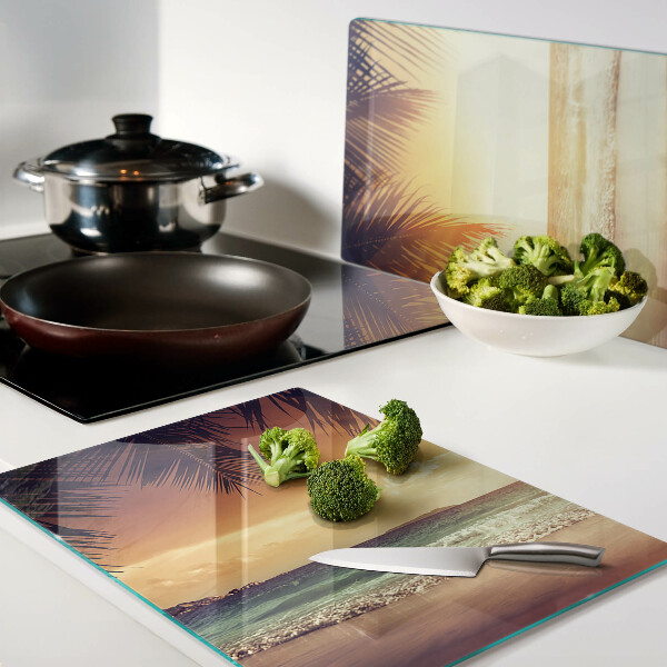 Glas-Schneidebrett mit Motiv „Sonnenuntergang über dem Strand“