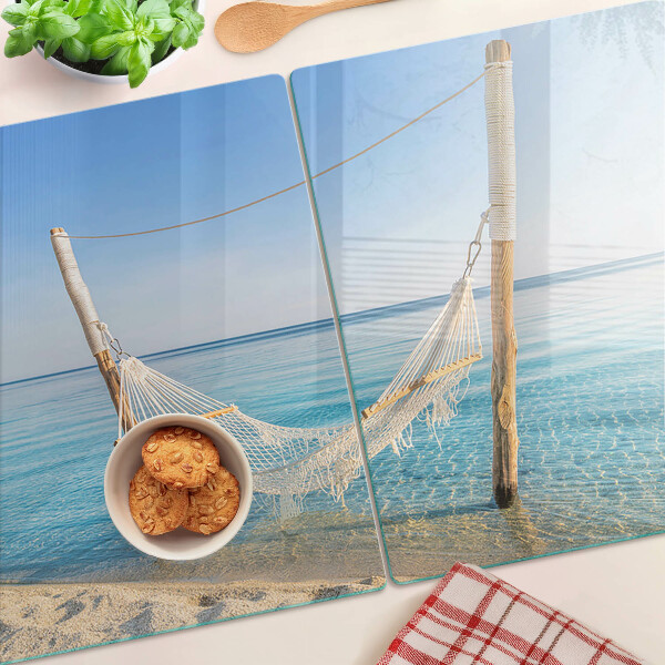 Schneidebrett Glas mit Motiv Hängematte am Meer