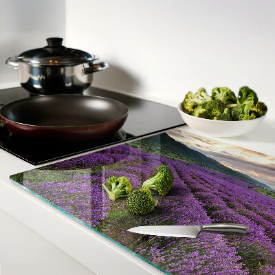 Glas-Schneidebrett mit Motiv eines Lavendelfelds bei Sonnenuntergang