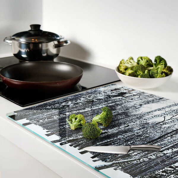 Schneidebrett Glas mit Motiv Winterwald und Birken