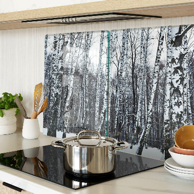 Schneidebrett Glas mit Motiv Winterwald und Birken
