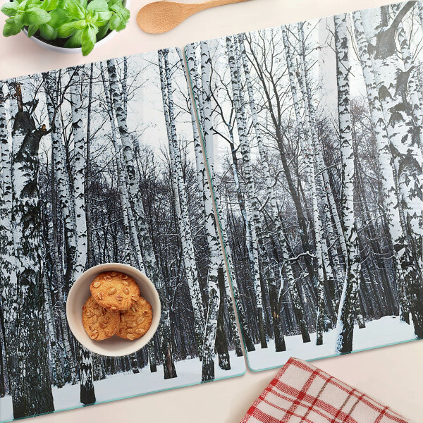 Schneidebrett Glas mit Motiv Winterwald und Birken