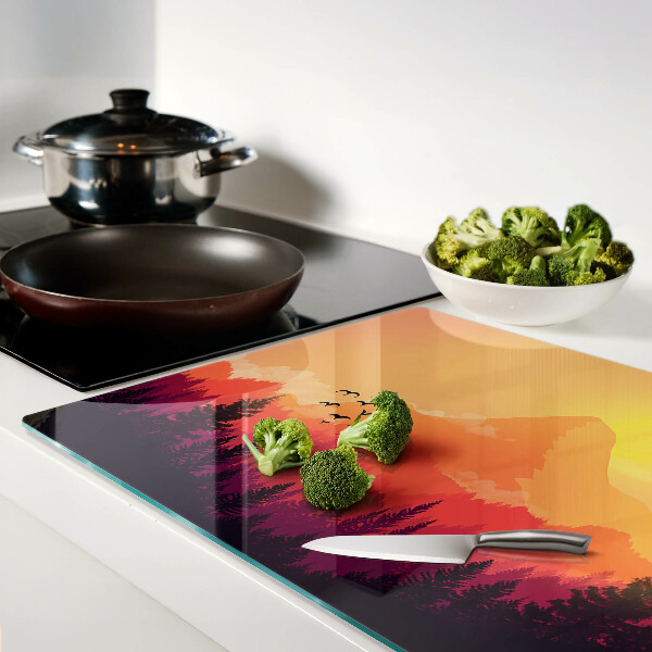 Glas Schneidebrett mit Motiv einer Berglandschaft bei Sonnenuntergang