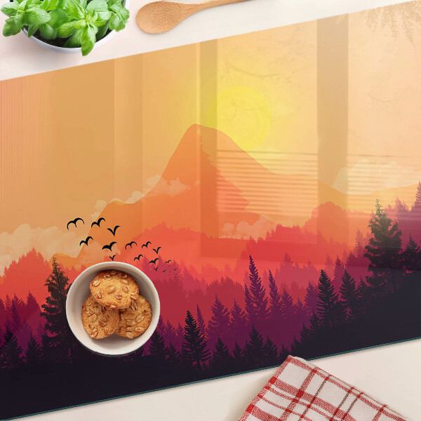 Glas Schneidebrett mit Motiv einer Berglandschaft bei Sonnenuntergang