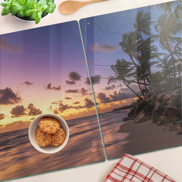 Schneidebrett mit Motiv 'Sonnenuntergang über dem Strand'