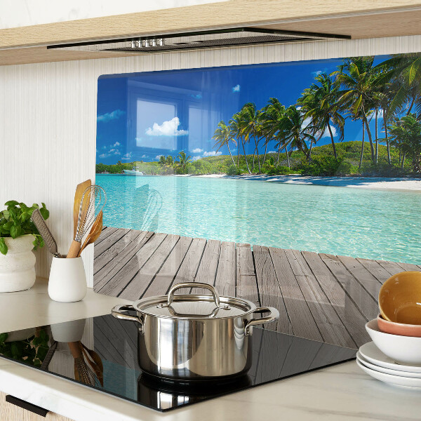 Schneidebrett Glas mit Motiv eines tropischen Strandes und Palmen