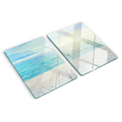 Glas-Schneidebrett mit Motiv 'Das Meer und der hölzerne Steg'