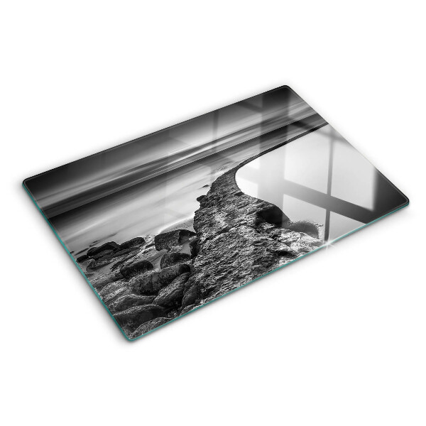 Schneidebrett Glas mit einer Küstenlandschaft in Grautönen