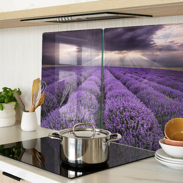 Glas-Schneidebrett mit Motiv „Lavendelfeld im Sonnenuntergang“