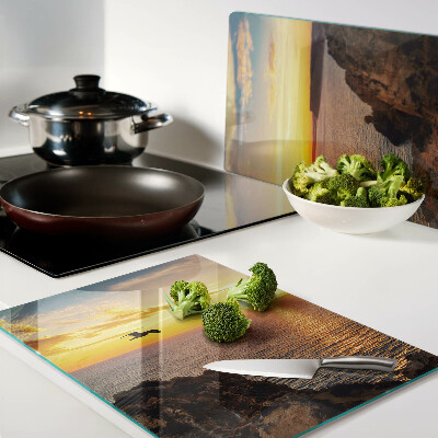 Glas-Schneidebrett mit Motiv 'Sonnenuntergang über dem Meer'