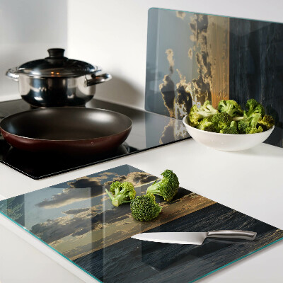 Glas-Schneidebrett mit Motiv 'Sonnenuntergang über dem Meer'