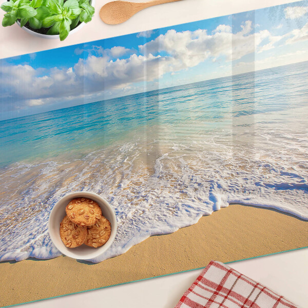 Schneidebrett Glas mit Strandmotiv sowie Wellen und Wolken