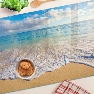 Schneidebrett Glas mit Strandmotiv sowie Wellen und Wolken