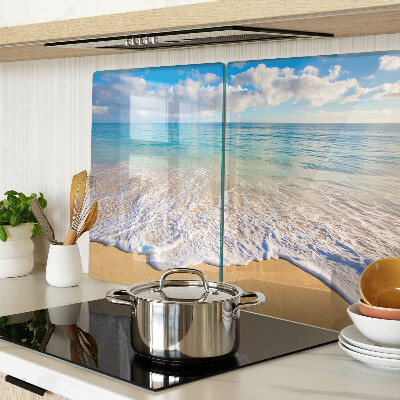 Schneidebrett Glas mit Strandmotiv sowie Wellen und Wolken