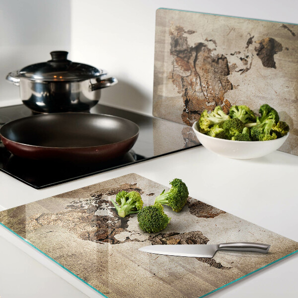 Schneidebrett Glas mit Motiv einer Vintage-Weltkarte