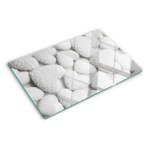 Schneidebrett Glas mit weißem Herzmotiv