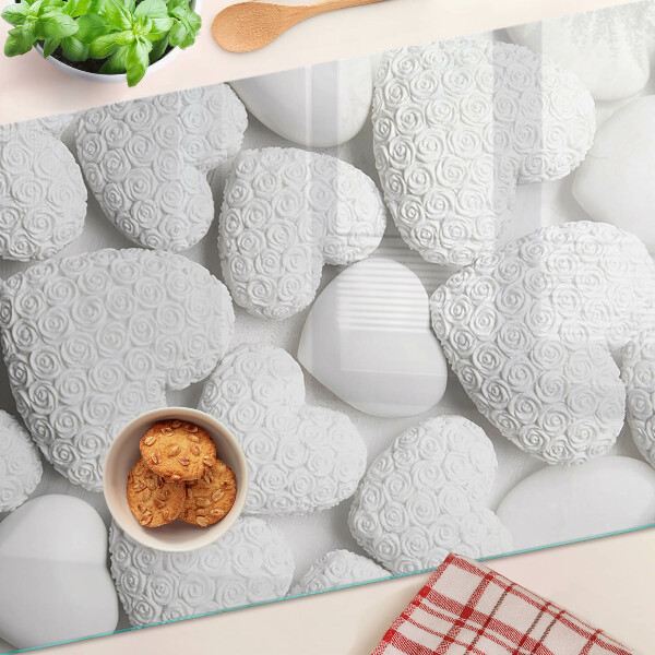 Schneidebrett Glas mit weißem Herzmotiv