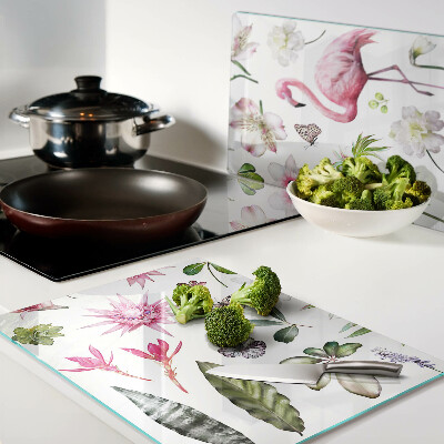 Glas-Schneidebrett mit tropischen Blumen- und Vogelmotiven