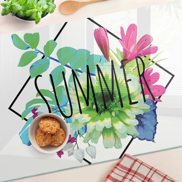 Schneidebrett Glas mit Motiv Sommerblumen und dem Schriftzug „SOMMER“