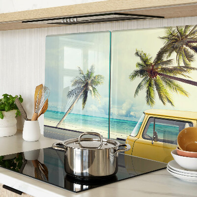 Glas-Schneidebrett mit Motiv Strand, Palmen und Auto