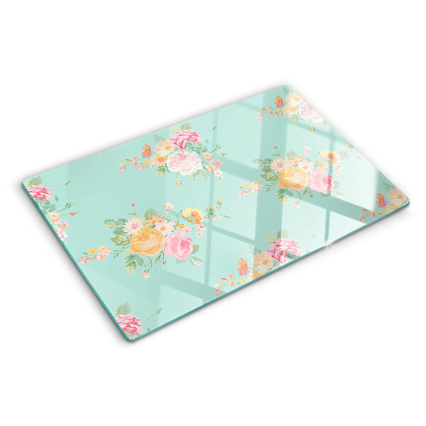 Schneidebrett Glas mit Blumenmuster in Pastellfarben