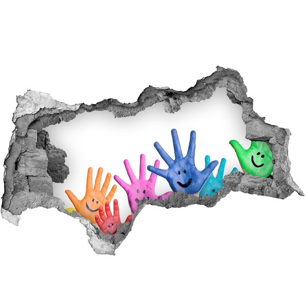 Wandbilder 3D Mauerdurchbruch Fröhliche Hände vor dem Hintergrund von Beton
