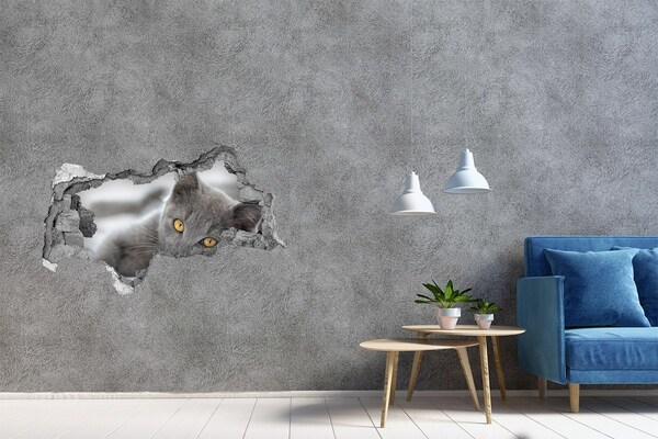 Wandbilder 3D Mauerdurchbruch Graue Katze in einem Loch in der Wand