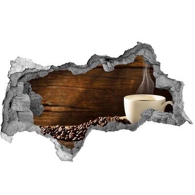 Wandbilder 3D Mauerdurchbruch Kaffee und Bohnen auf Holzgrund