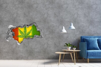 3D Wandtattoos Mauerdurchbruch Grünes Cannabisblatt auf gelb-rot-grünem Hintergrund
