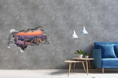 3D Wandtattoos Mauerdurchbruch Blick auf die Stadt bei Sonnenuntergang