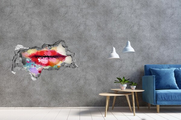 3D Wandtattoos Mauerdurchbruch Bunte Lippen vor Betonhintergrund