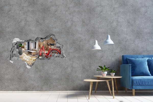 Wandbilder 3D Mauerdurchbruch Ein rotes Fahrrad in einer charmanten Straße