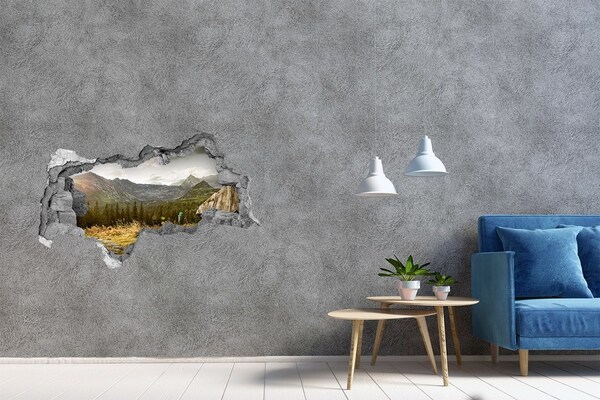 Wandbilder 3D Mauerdurchbruch Berglandschaft durch ein Loch in der Wand