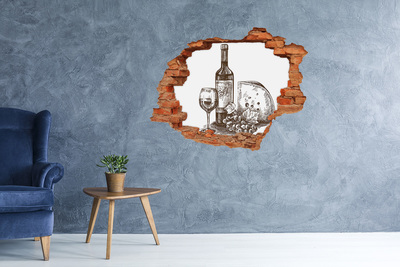 3D Loch Aufkleber Wein und Käse vor dem Hintergrund einer beschädigten Wand