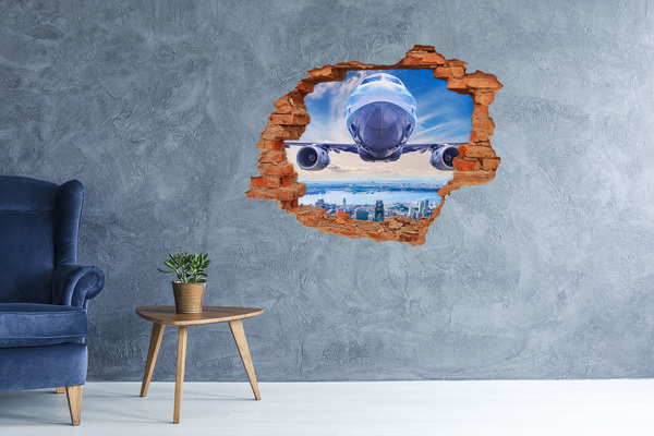 Wandbilder 3D Mauerdurchbruch Ein Flugzeug über der Stadt