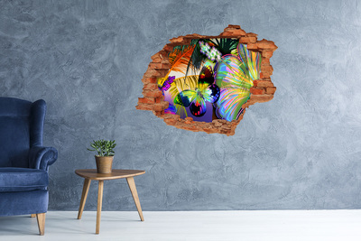 3D Loch Aufkleber Ein bunter Schmetterling in einem Loch in der Wand