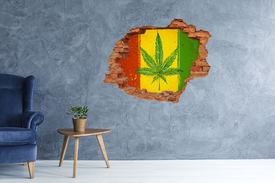 Wandtattoos Loch in der Wand Grünes Cannabisblatt auf gelb-rot-grünem Hintergrund