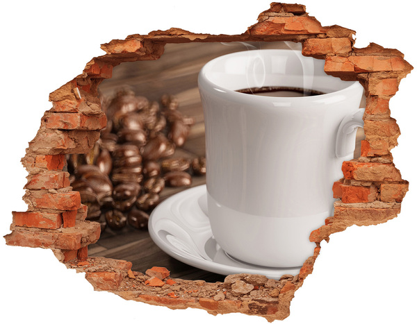 3D Loch Aufkleber Kaffee und Bohnen an der Wand im Hintergrund