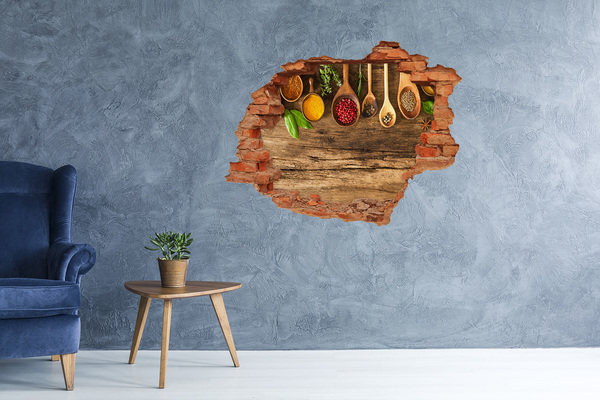 Wandtattoos Loch in der Wand Küchengewürze auf einer hölzernen Arbeitsplatte