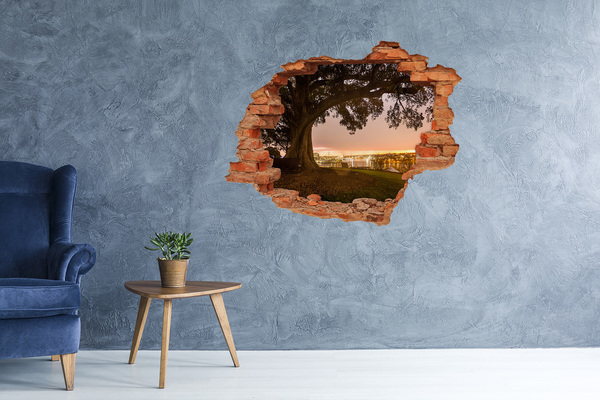 3D Loch Aufkleber Blick auf die Stadt durch ein Loch in der Wand