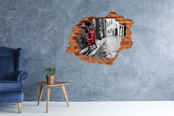 Wandtattoos 3D Optik Loch Ein rotes Fahrrad in einer charmanten Straße