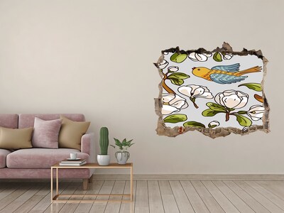 Wandfolien Loch in der Wand Blumenparadies mit einem Vogel