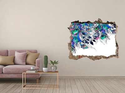 3D Wandsticker Loch Bunte Federn in einem Loch in der Wand