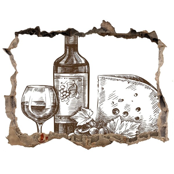 3D Wandtattoos Loch in der Wand Wein und Käse vor dem Hintergrund einer beschädigten Wand