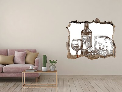 3D Wandtattoos Loch in der Wand Wein und Käse vor dem Hintergrund einer beschädigten Wand