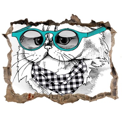 3D Wandsticker Loch Stilvolle Katze mit Brille
