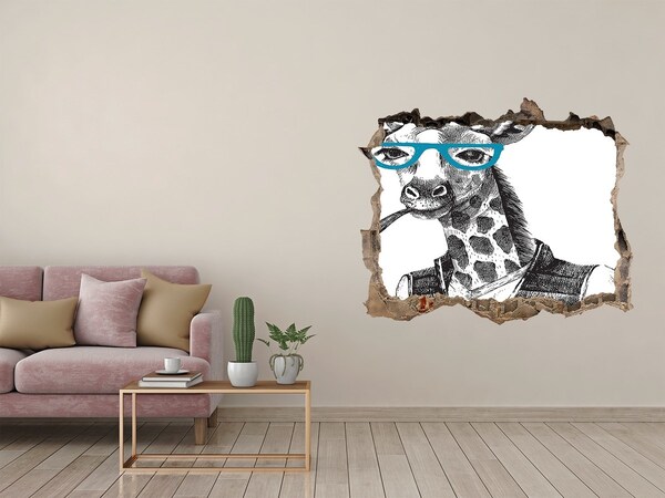 Wandfolien Loch in der Wand Giraffe mit Brille und Pfeife